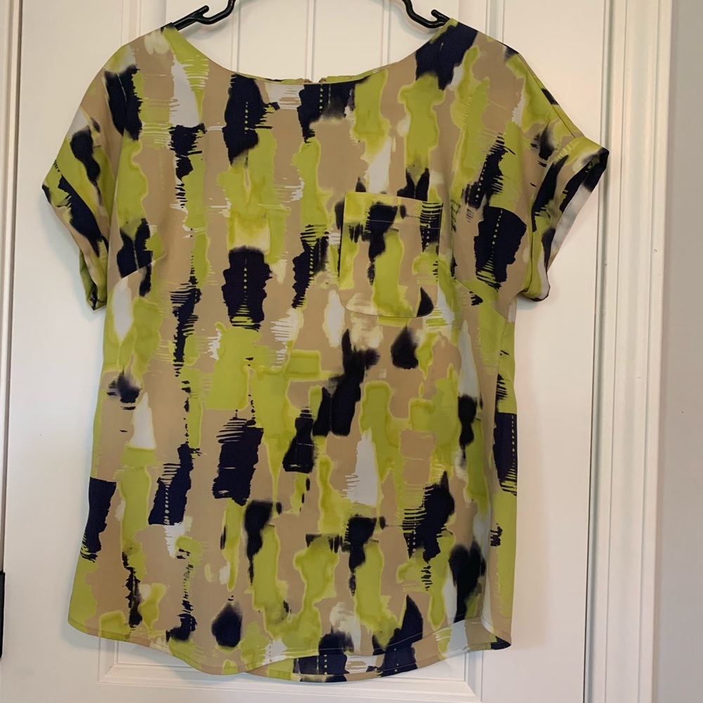 LOFT Lime Green Tan Navy Blouse - S